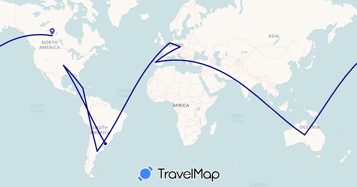 TravelMap itinerary: driving in Argentina, Australia, Canada, Czech Republic, Jamaica, Netherlands, Portugal, United States, Uruguay (Europe, North America, Oceania, South America)